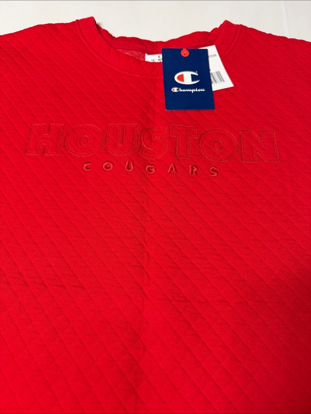 Champion Quilted Crewneck Unisex Sweater in Red Houston Cougars L NWT